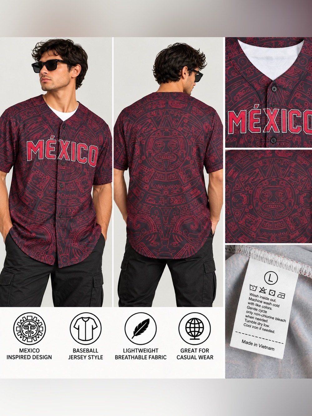 México Maroon Graphic Baseball Jersey - Men's